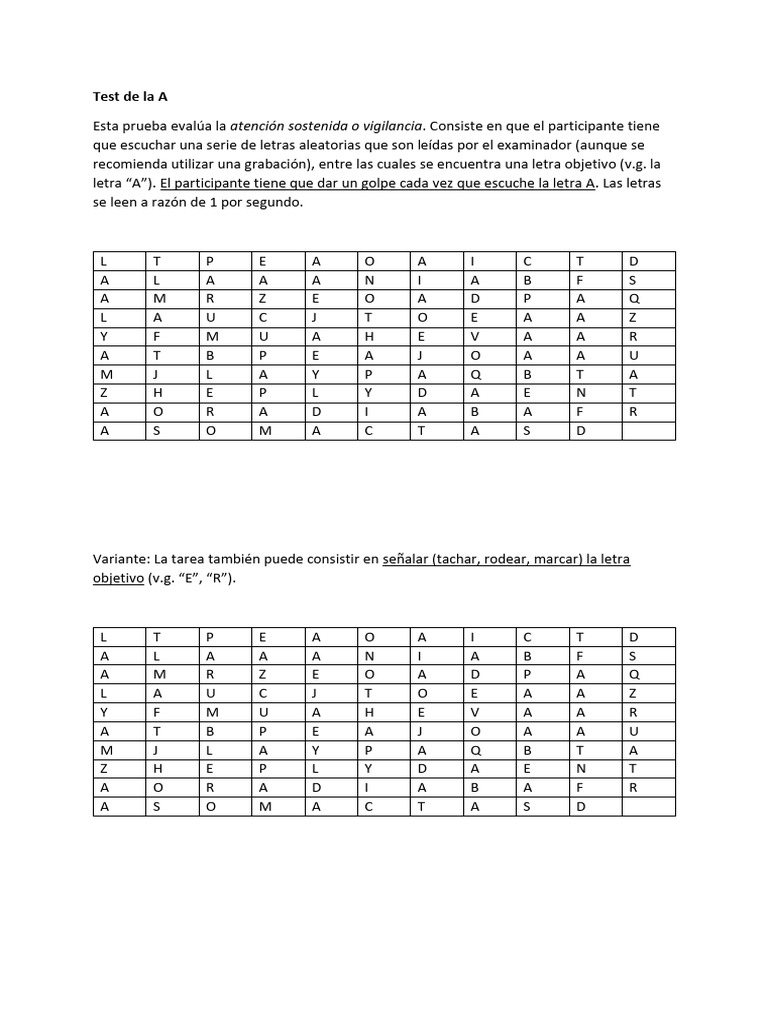Evaluación de Atención: Test de la A | PDF | Ciencia cognitiva | Cognición
