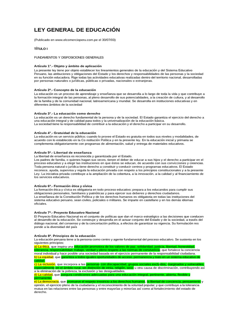 Ley General de Educación en Perú | PDF | Educación primaria | Educación ...