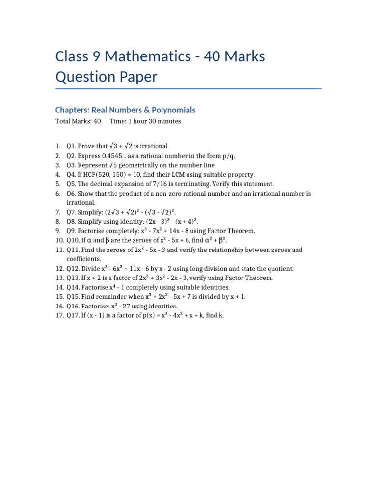 Challenging Class 9 Math Questions | PDF