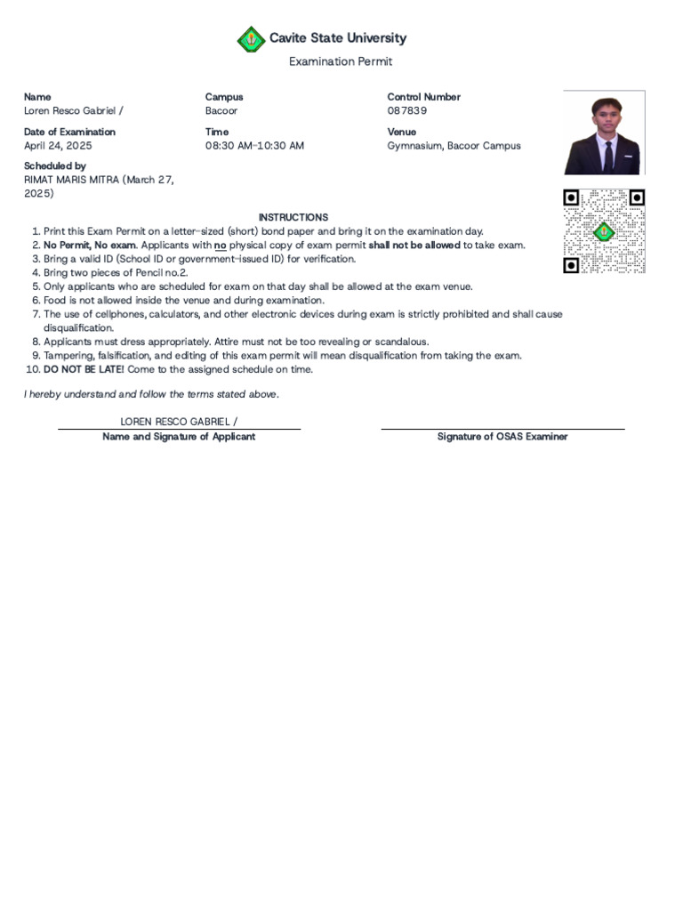 Examination Permit for Loren Gabriel | PDF
