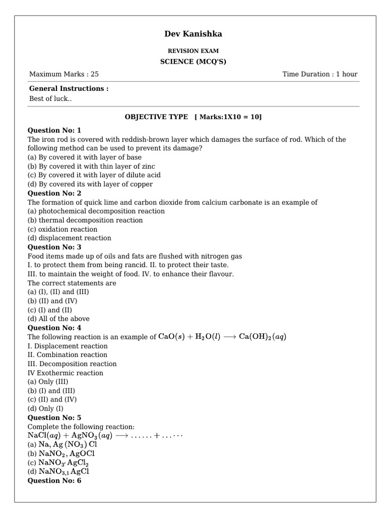 Science MCQ Revision Exam for Students | PDF | Chemical Reactions | Redox