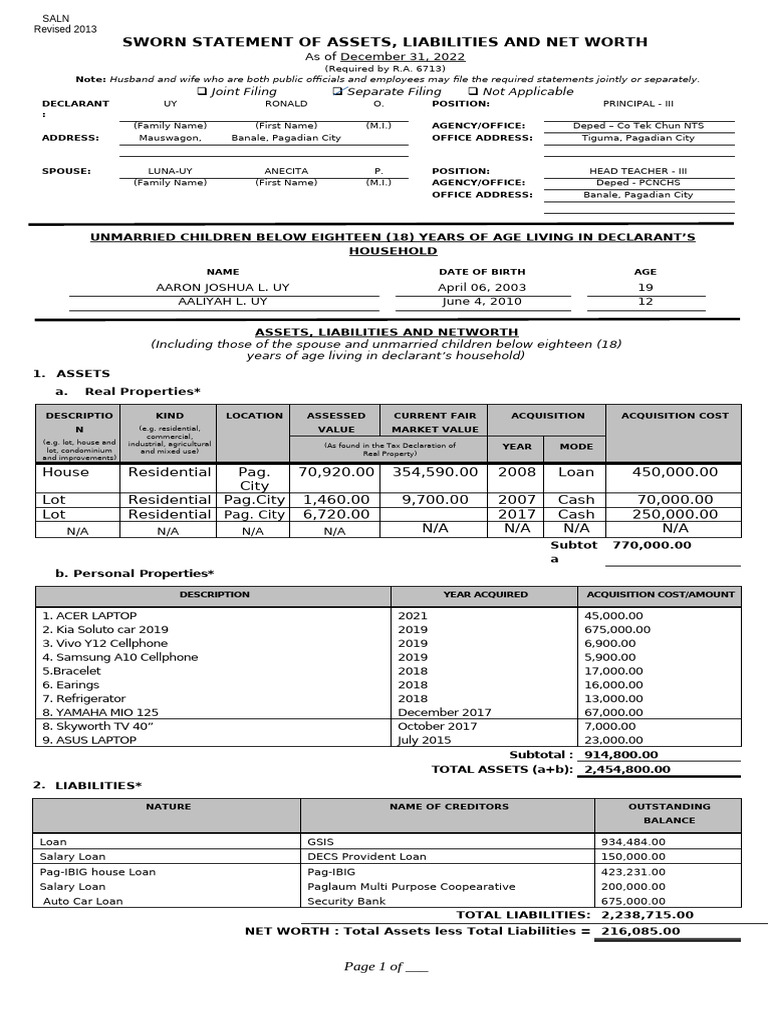 SALN 2022: Assets and Liabilities Report | PDF | Financial Accounting