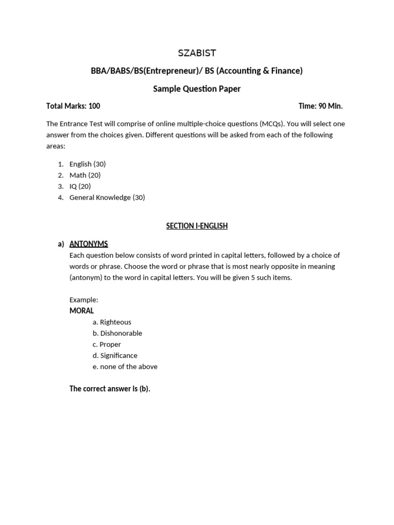 SZABIST BBA Entrance Test Sample Paper | PDF