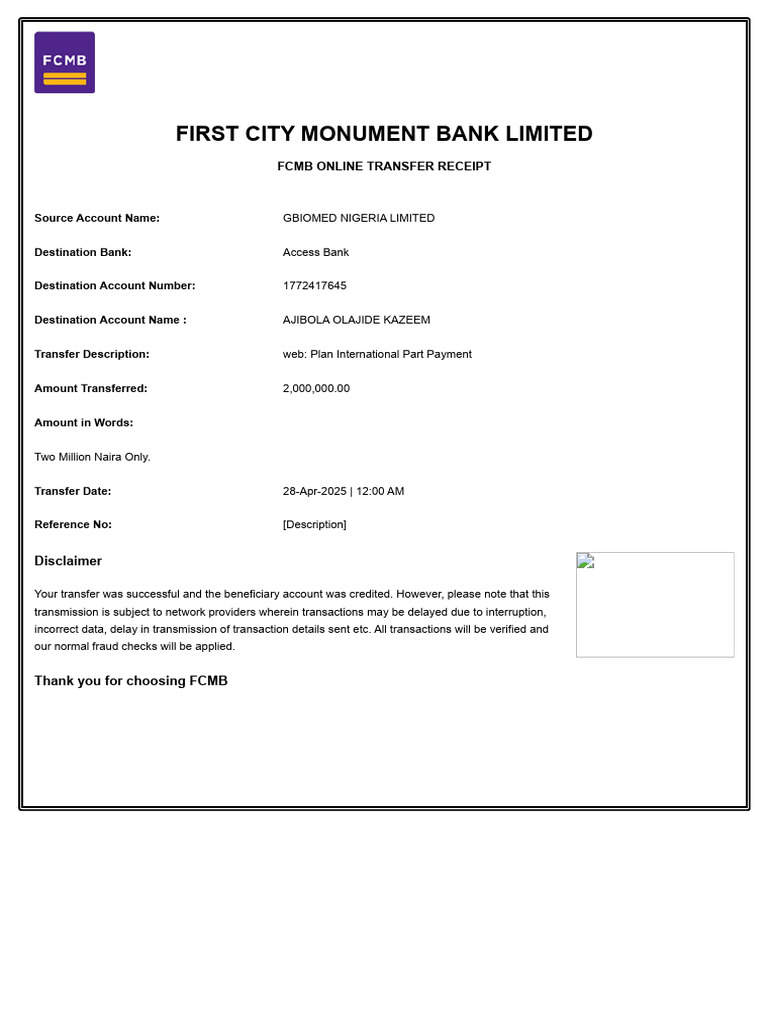 FCMB Online Transfer Receipt Details | PDF