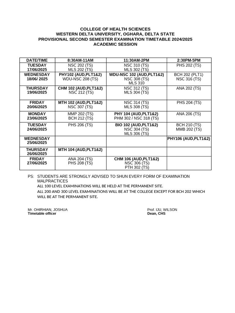 CHS 2024/2025 Exam Timetable | PDF | Pathology | Health Care