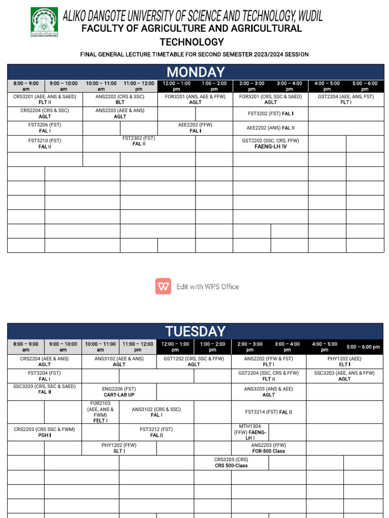 Final Lecture Timetable 2023/2024 | PDF