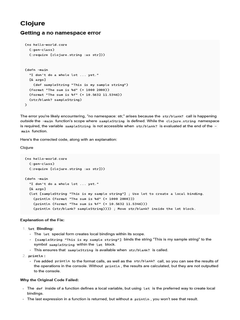 Fixing Clojure No Namespace Error | PDF