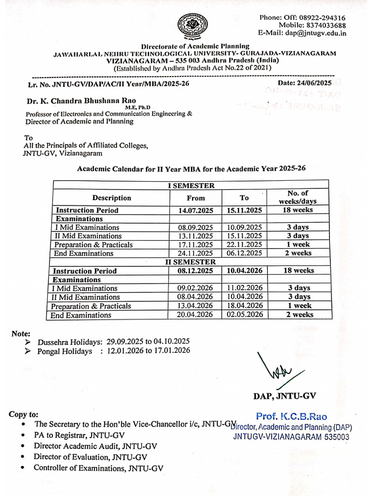 Academic Calendar For II Year MBA For The Academic Year 2025 26 | PDF