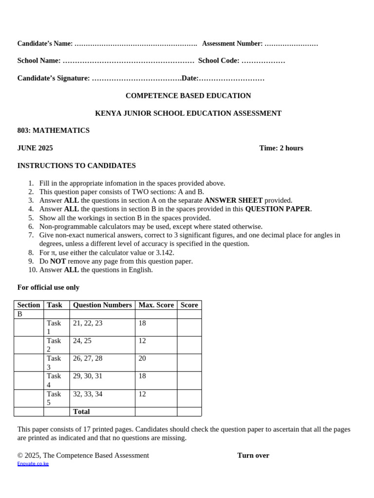 Grade 8 Mathematics Exam 2025 | PDF | Area | Volume