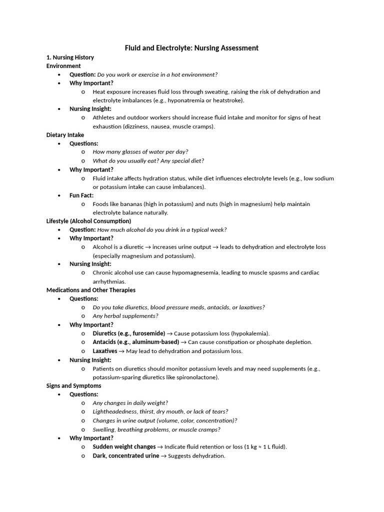 Nursing Assessment for Fluid and Electrolyte Balance | PDF | Creatinine ...