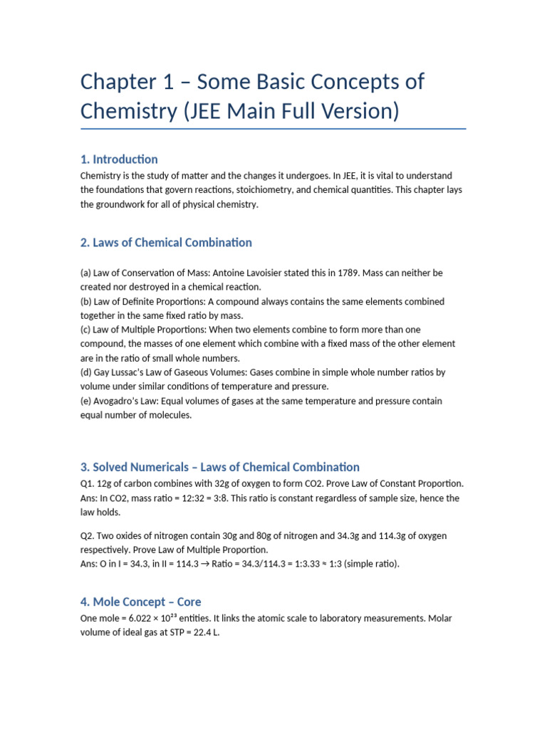 Basic Chemistry Concepts for JEE | PDF | Mole (Unit) | Stoichiometry