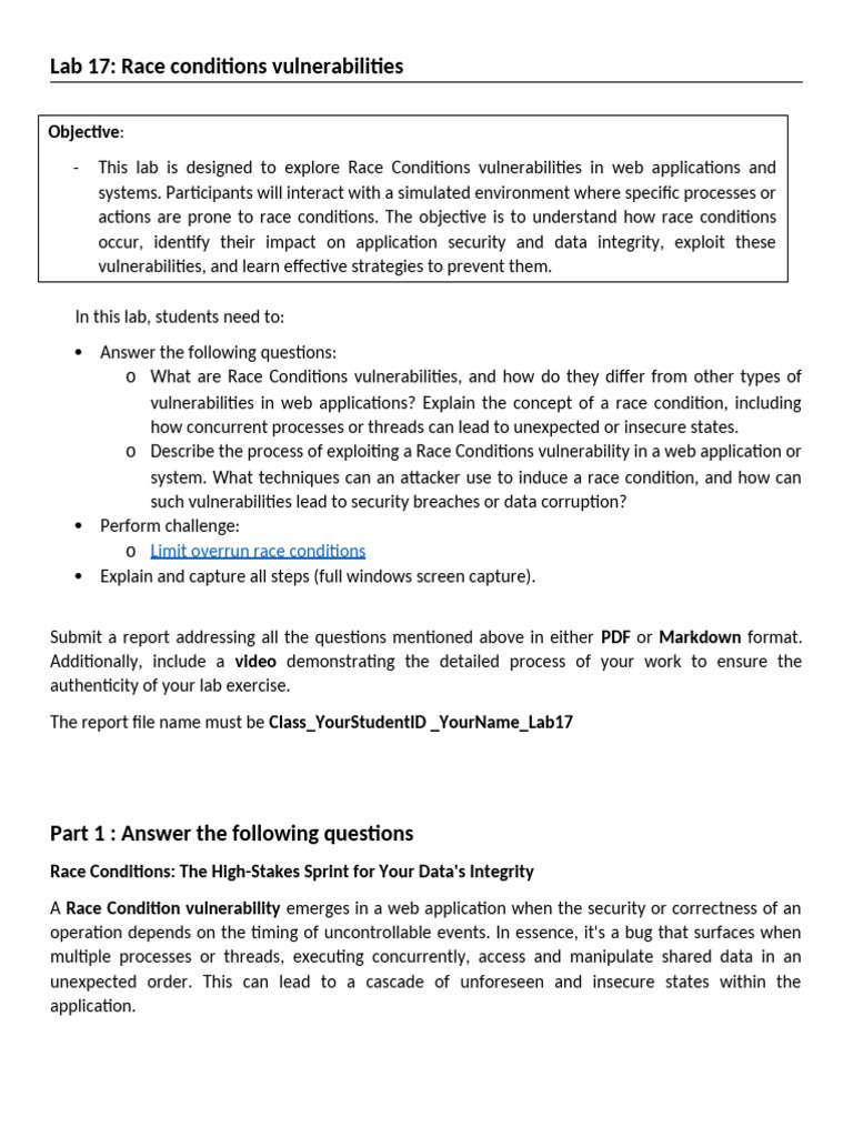 Lab 17: Race Conditions Vulnerabilities: Objective | PDF | Thread ...