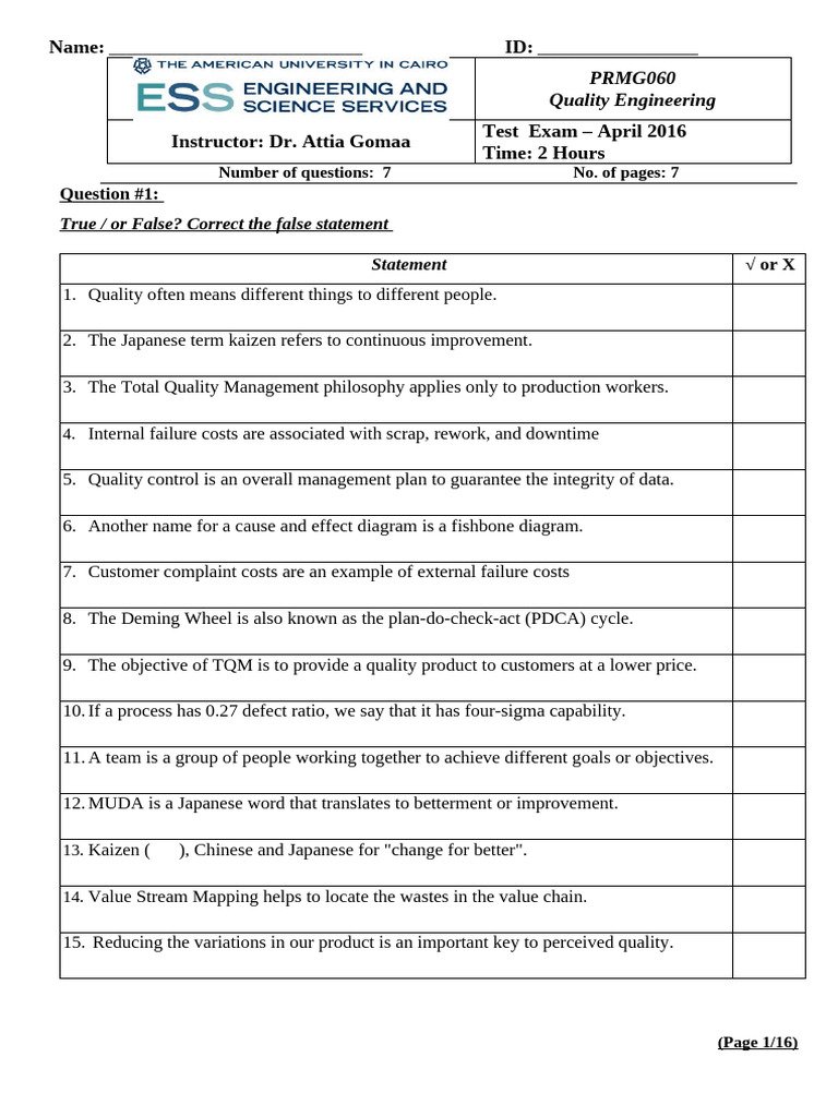Quality Engineering Exam Questions 2016 | PDF | Six Sigma | Quality ...