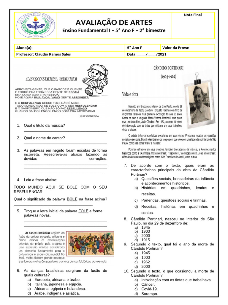 Avaliação de Artes - 5º Ano F | PDF