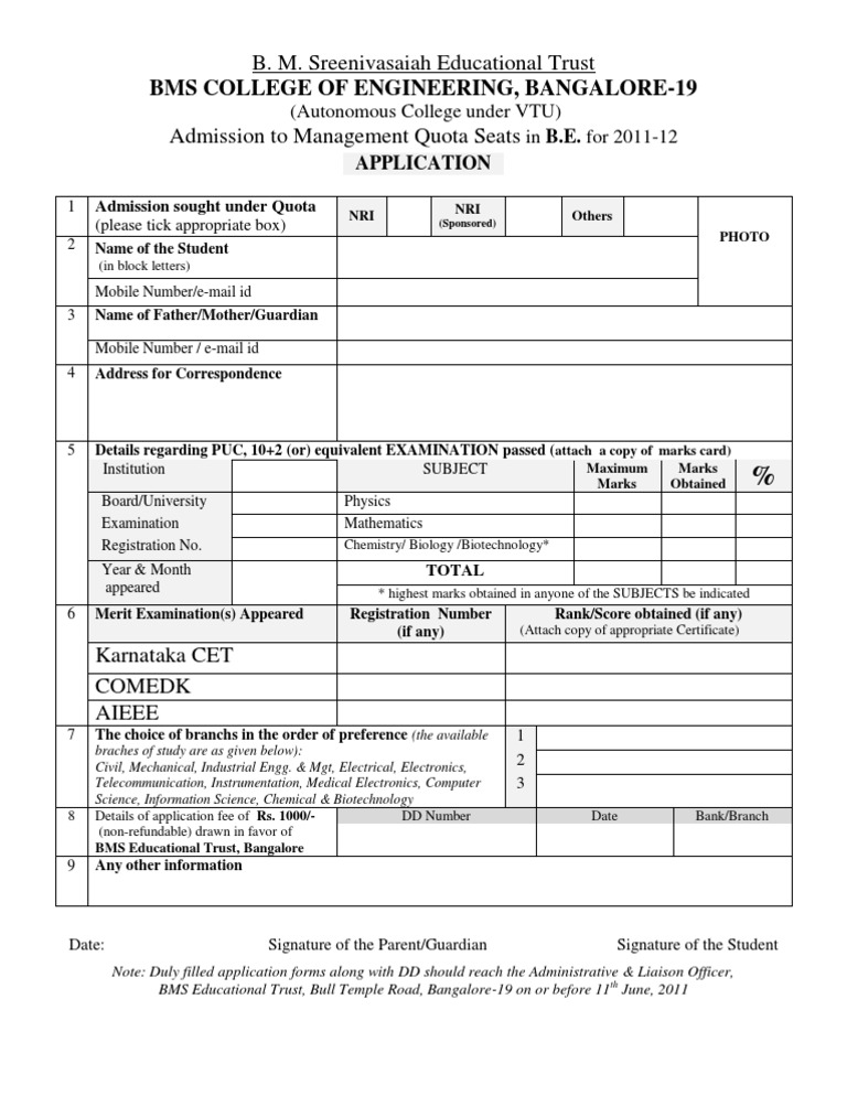 BMS College Management Quota Admission Form | PDF