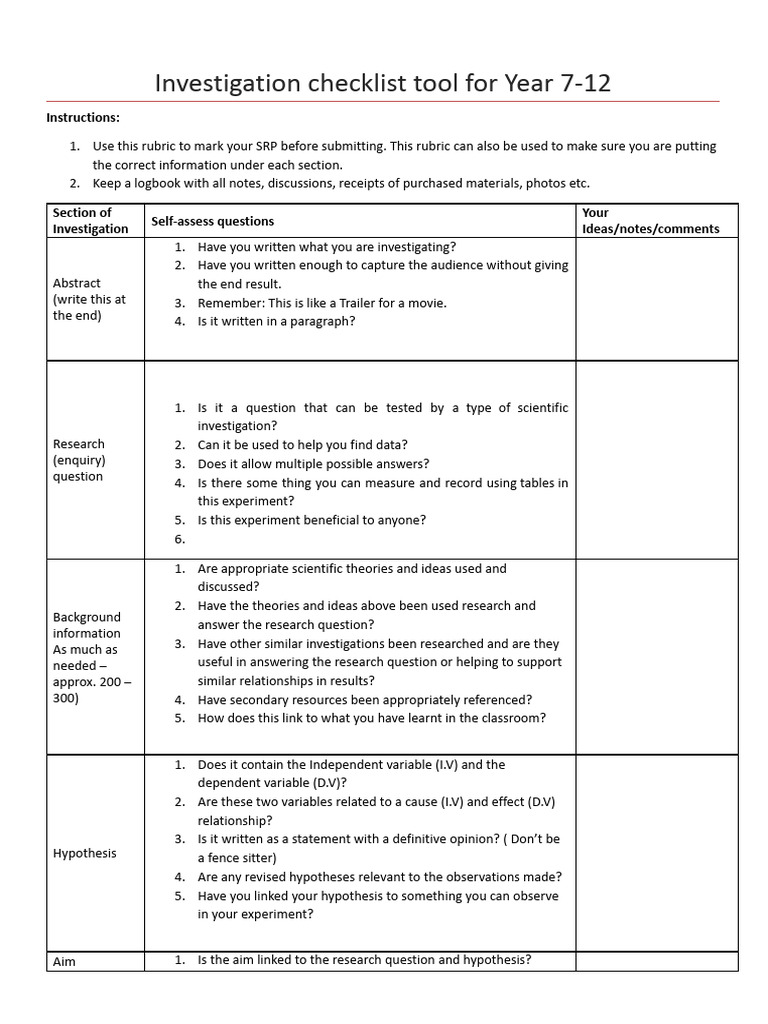 Year 7-12 Investigation Checklist Tool | PDF | Experiment | Hypothesis