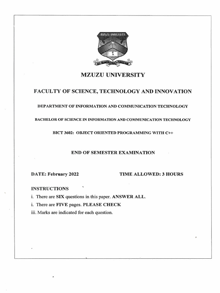 BICT 3602 Object Oriented Programming With C++ End of Semester ...