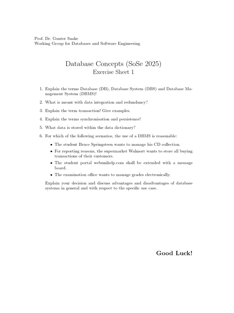 Database Concepts Exercise Sheet 1 | PDF
