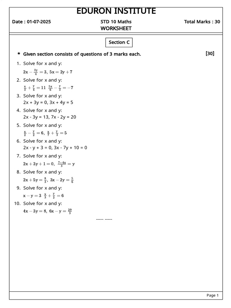 10th Maths LN - Linear Equations Worksheet | PDF