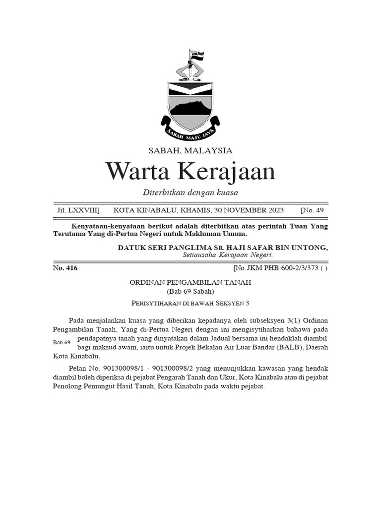 Warta Kerajaan: Sabah, Malaysia | PDF