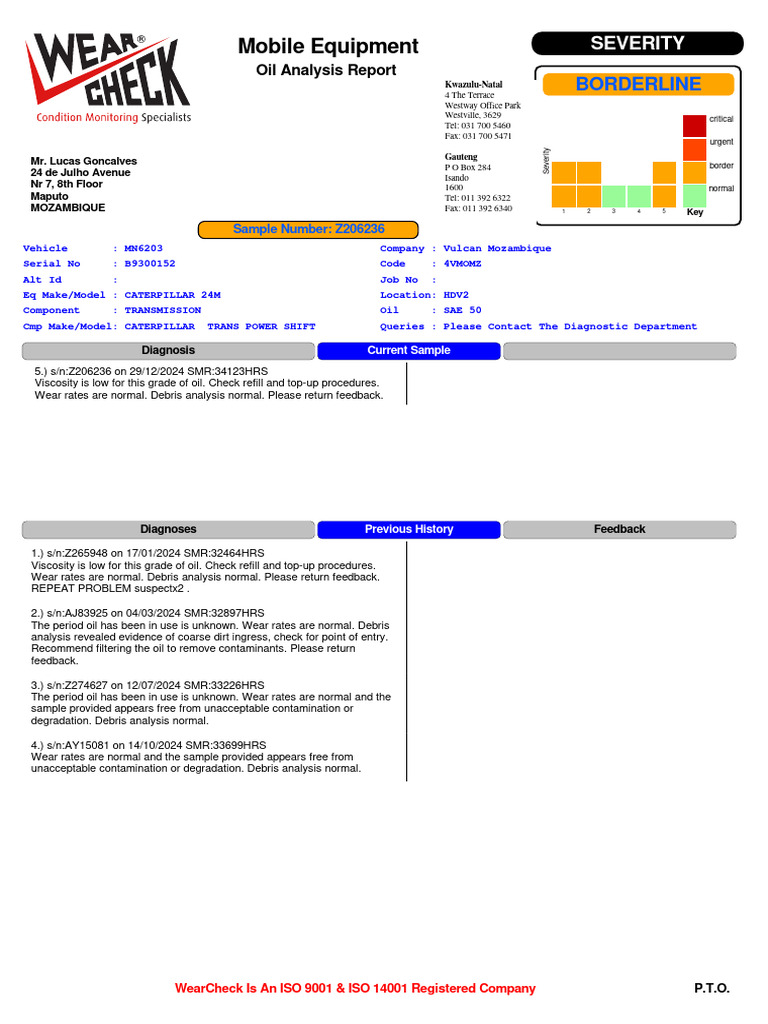 Mobile Equipment Oil Analysis Report | PDF | Chemical Compounds ...