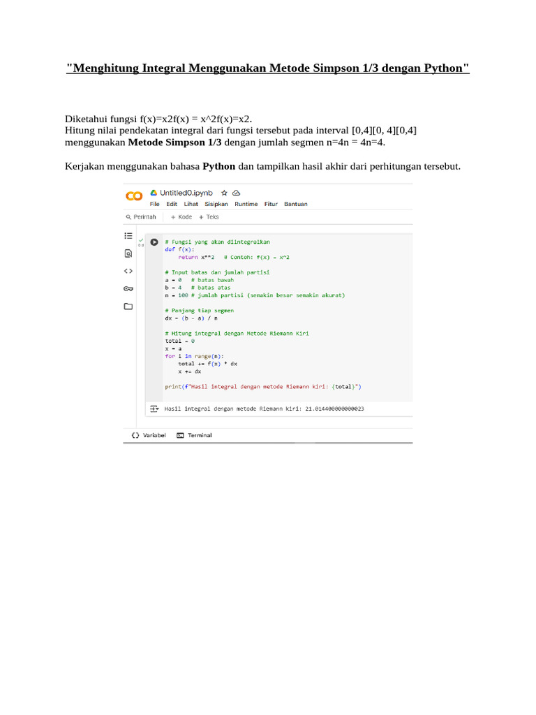 Integral Simpson 1/3 Python: f(x)=x² | PDF
