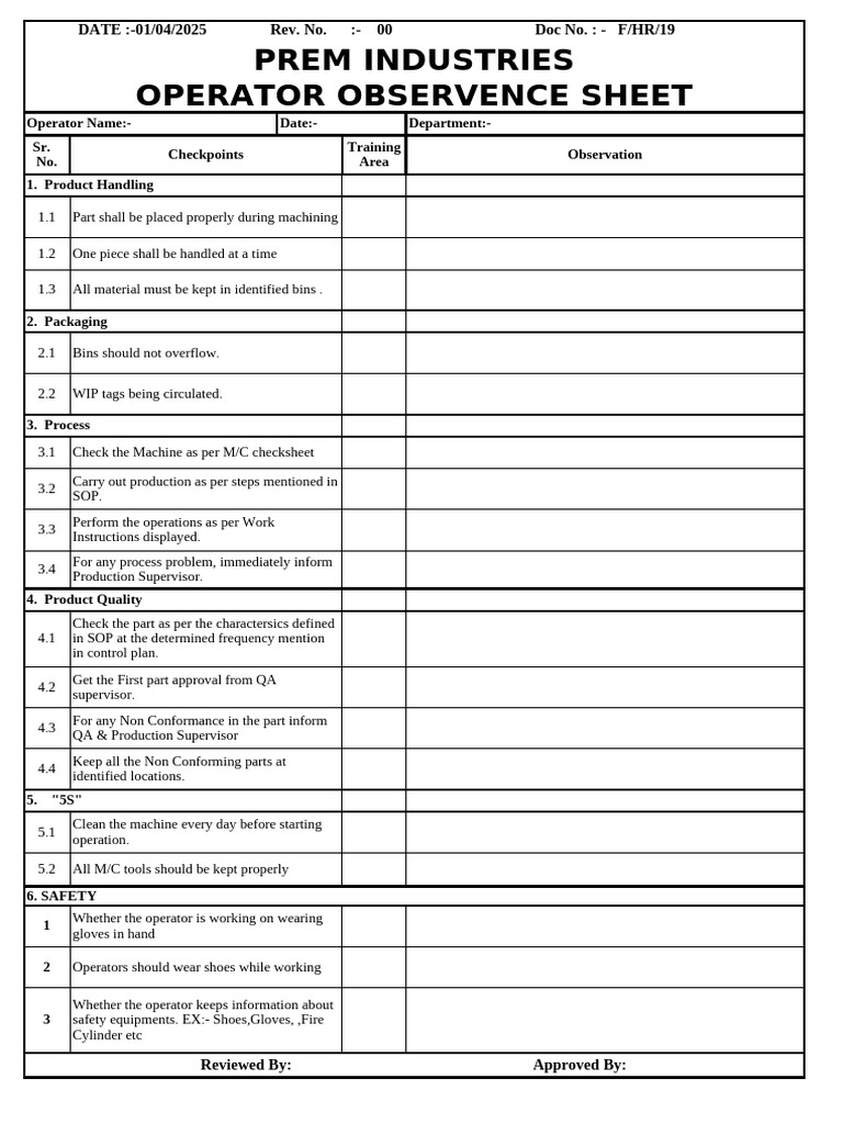 Operator Observance Sheet Guidelines | PDF