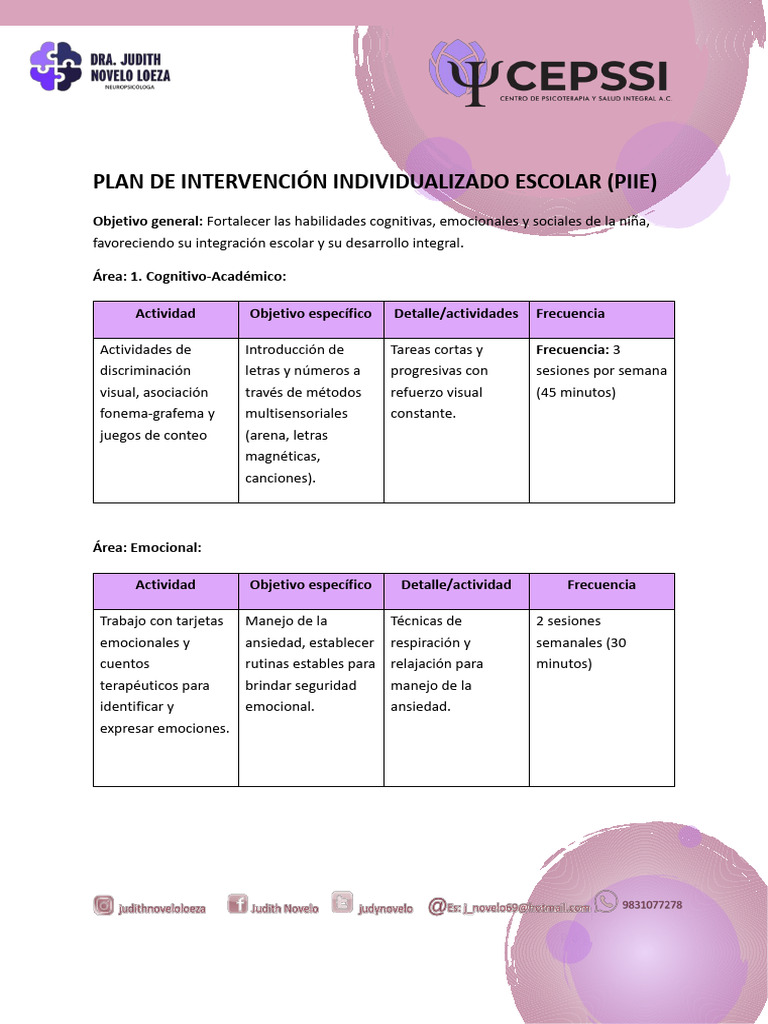 Plan de Intervención Escolar Individualizado | PDF | Las emociones ...