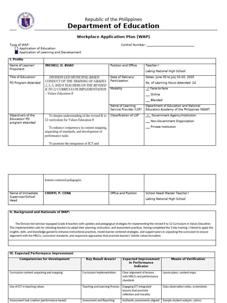 WAP for Values Education Implementation | PDF | Educational Technology ...