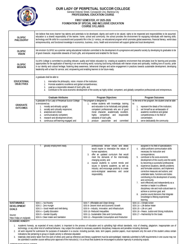 Sample Syllabus Educ 102 Foundation Of Special And Inclusive