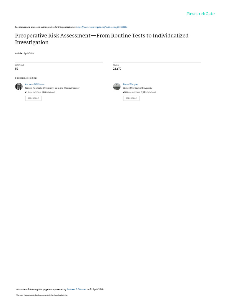 Preoperative Risk Assessment-From Routine Tests To Individualized ...