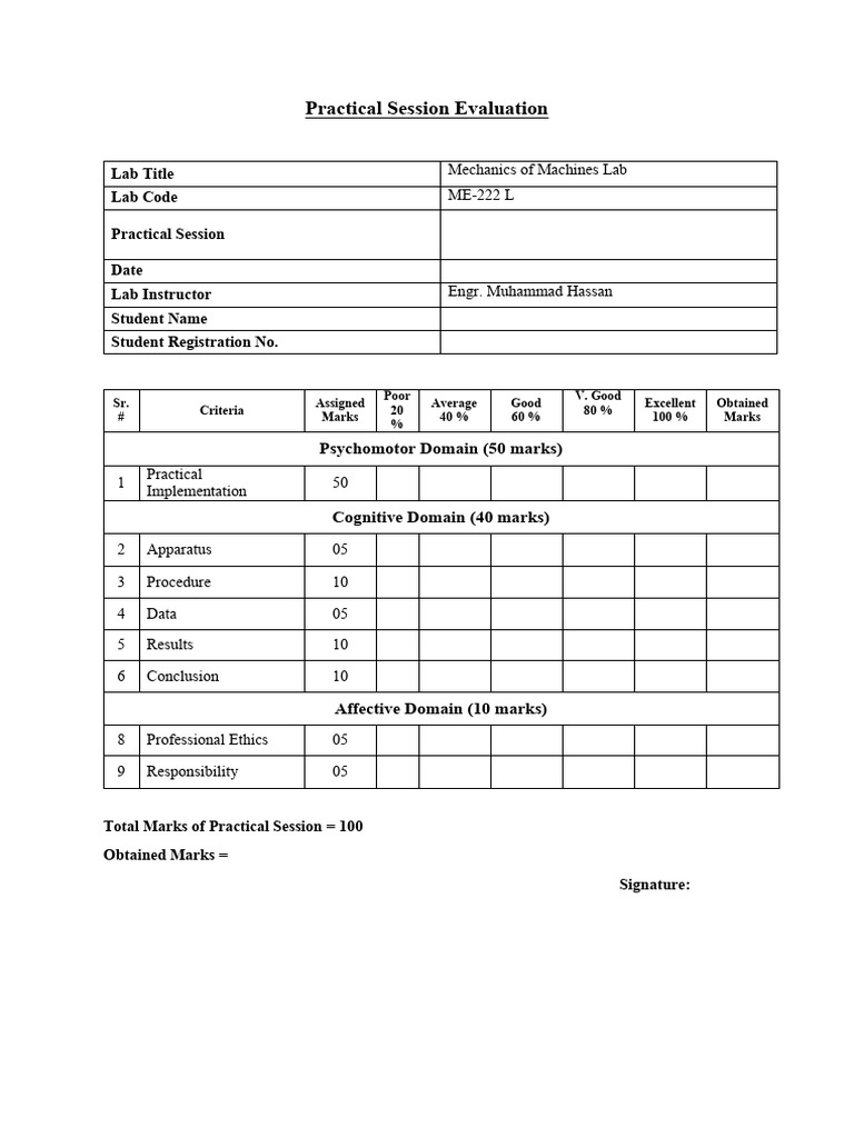 Lab Evaluation Sheet (Mechanics of Machines) | PDF