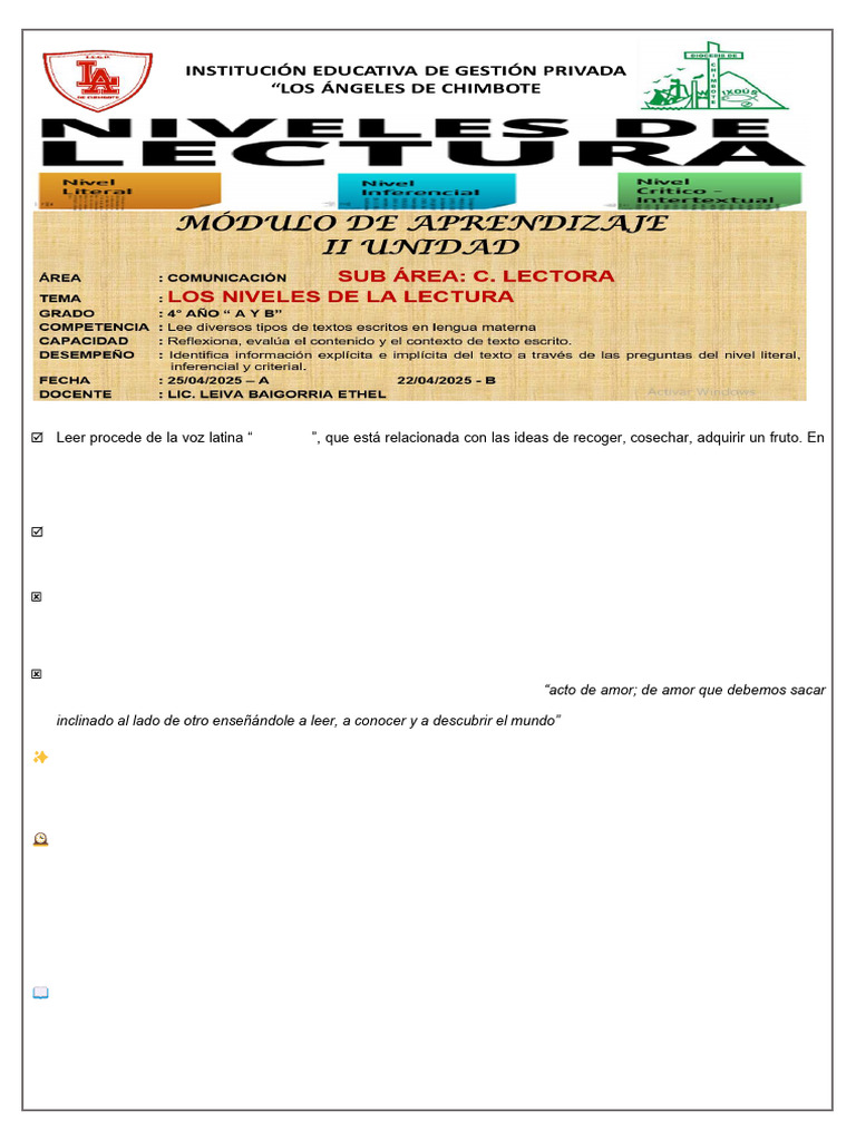 Niveles de lectura en cuarto grado | PDF | Comprensión lectora ...