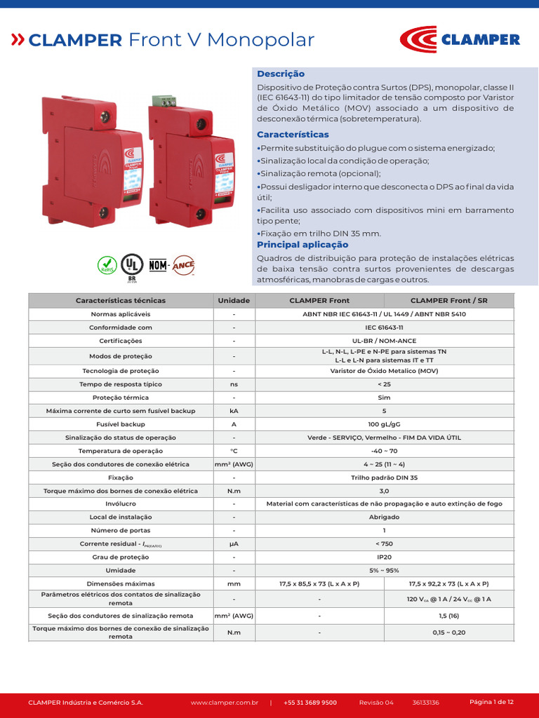 DPS CLAMPER Front V 275V 20kA | PDF | Engenharia Elétrica | Eletricidade