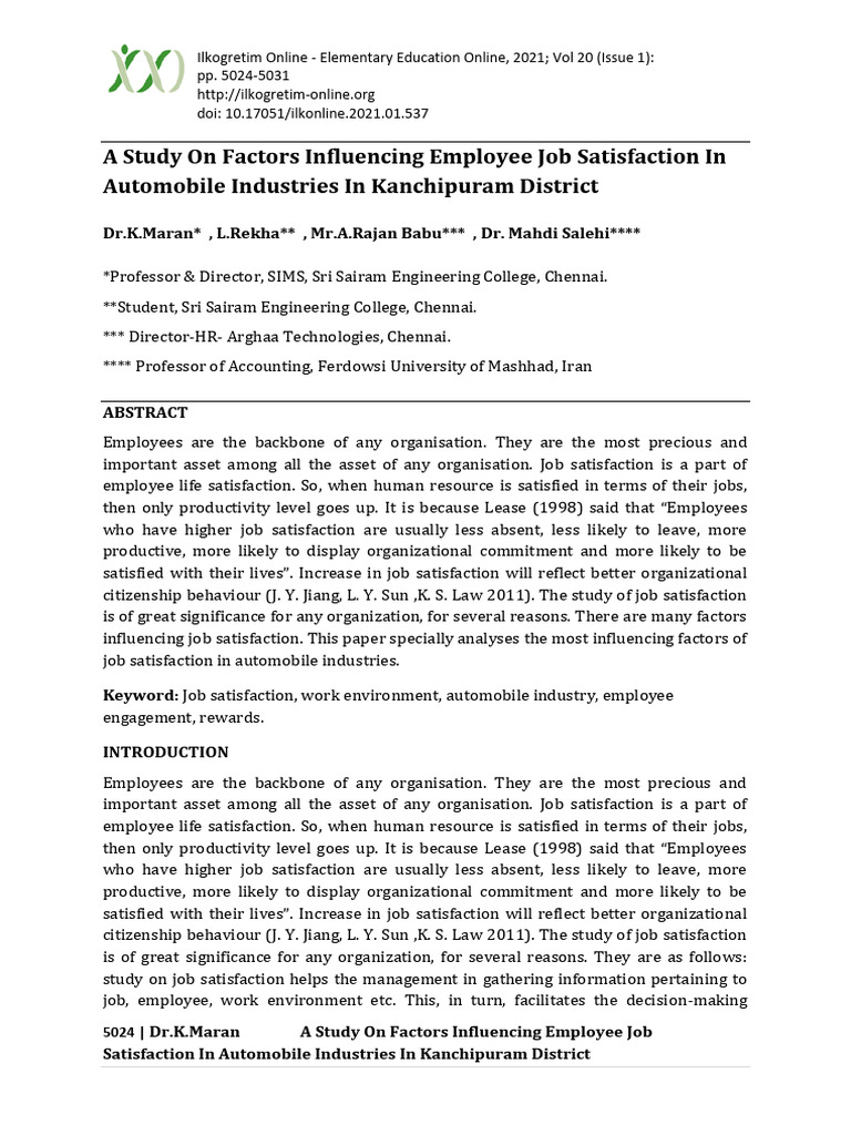 A Study On Factors Influencing Employee Job Satisfaction in Automobile ...