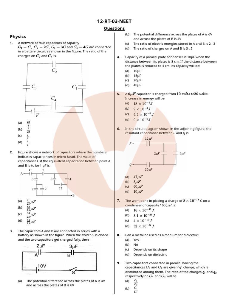 12-RT-03-NEET: Physics | PDF | Capacitor | Capacitance