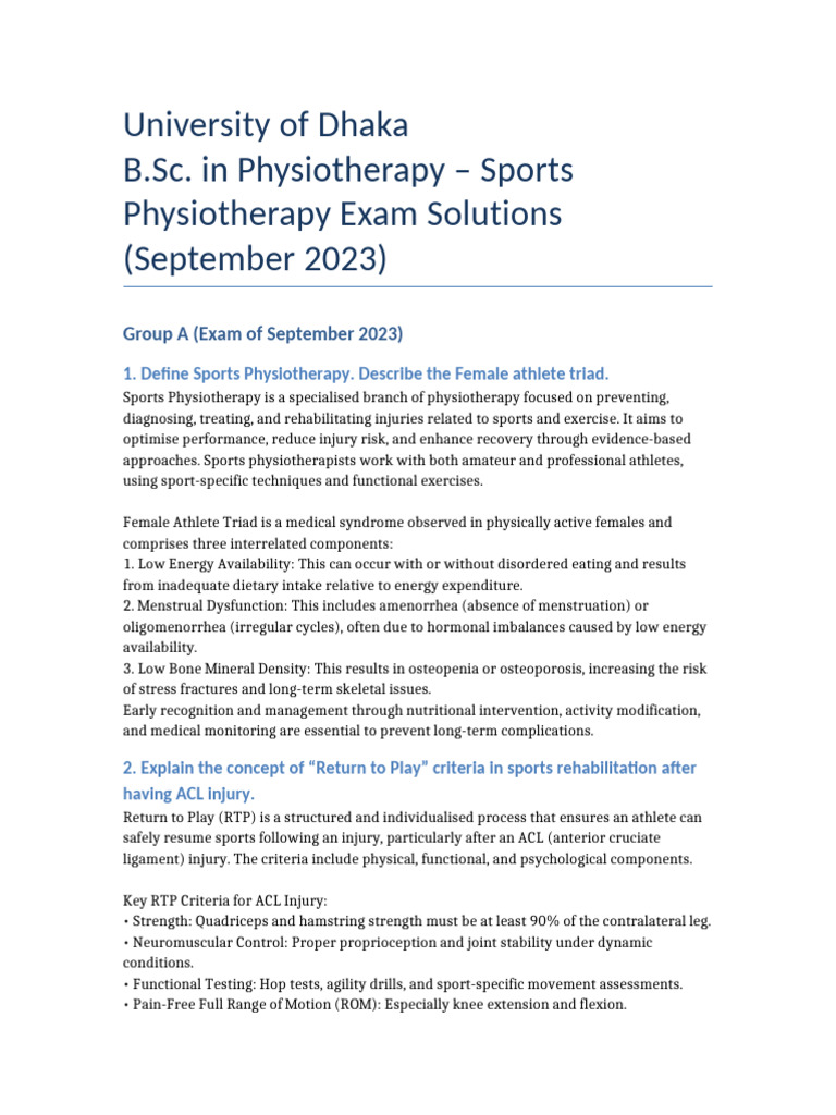 Sports Physiotherapy Exam Solutions 2023 | PDF | Physical Therapy ...