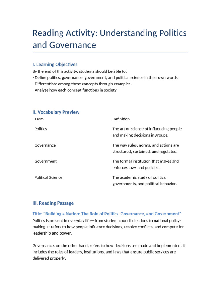 Reading Activity Politics Governance | PDF | Governance | Reading ...