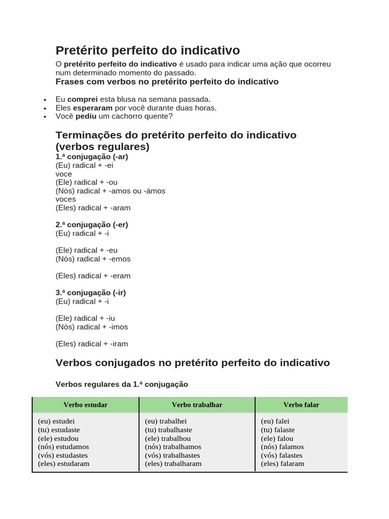 Conjugação do Pretérito Perfeito | PDF | Linguística | Gramática