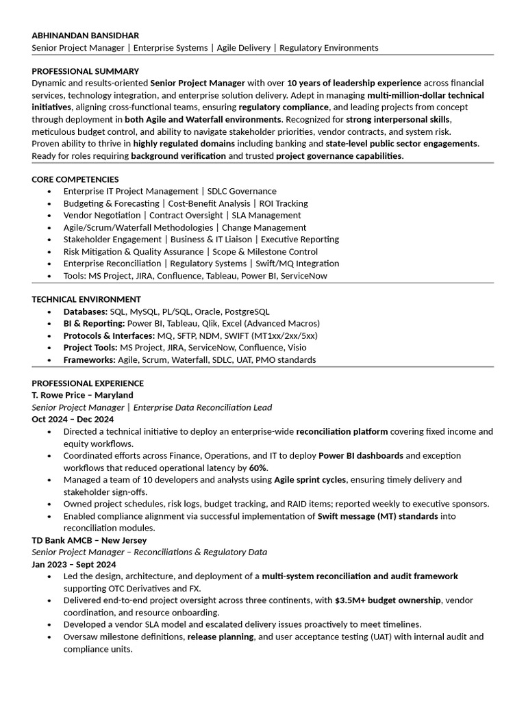 Senior Project Manager in Finance & IT | PDF | Agile Software ...