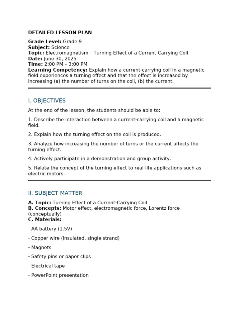 Electromagnetism Grade9 Lesson Plan | PDF | Magnetic Field | Force