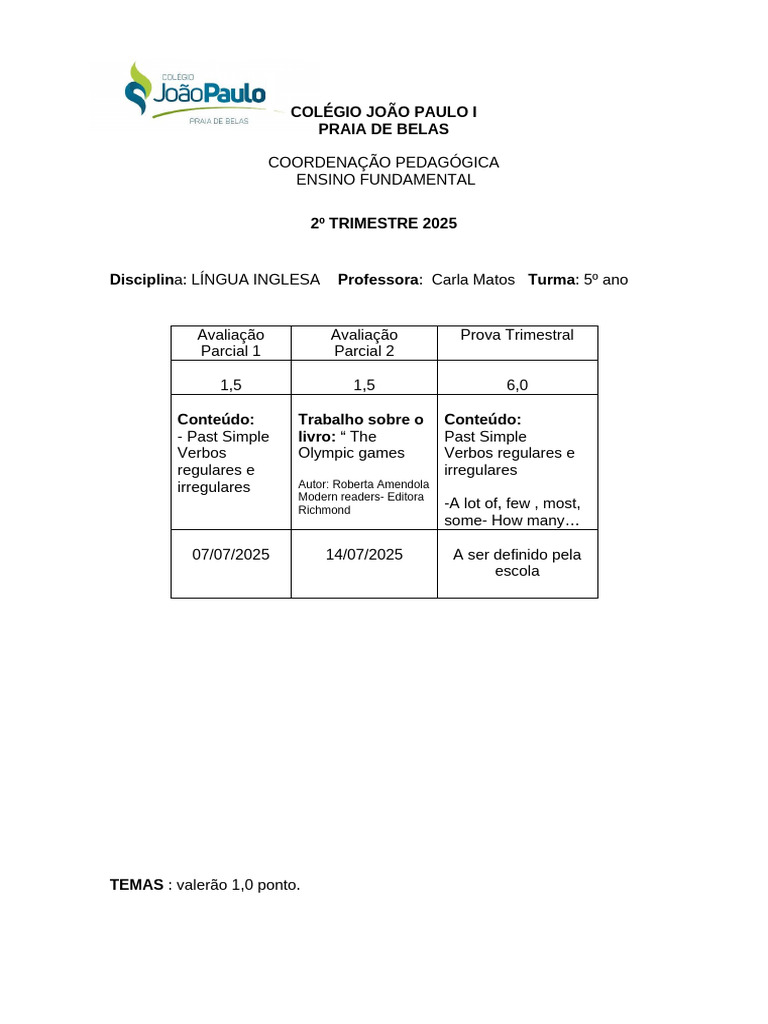 Avaliação de Língua Inglesa 5º Ano 2025 | PDF