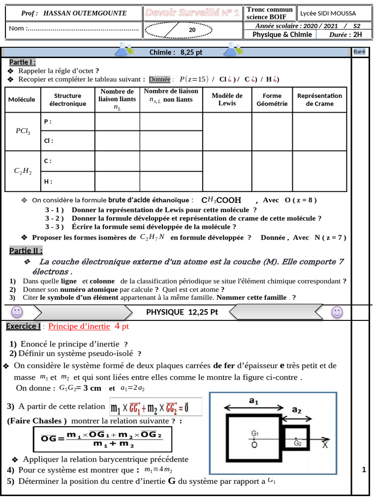 Devoir 1 Physique-Chimie Tronc Commun | PDF | Chimie | Liaison chimique
