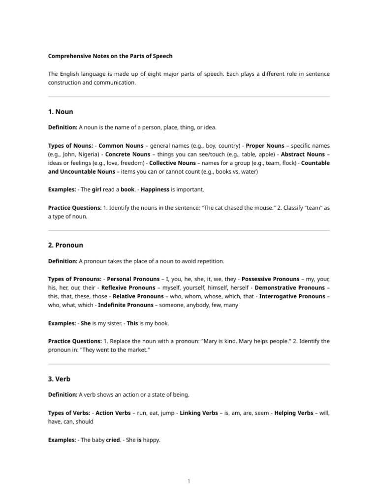 Parts of Speech Notes | PDF | Adverb | Noun