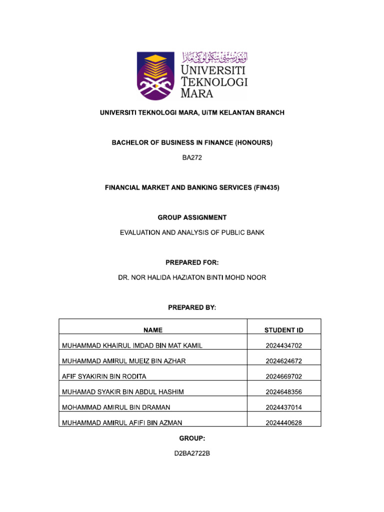 Group Assignment FIN435 - D2BA2722B - Group 4 Public Bank | PDF