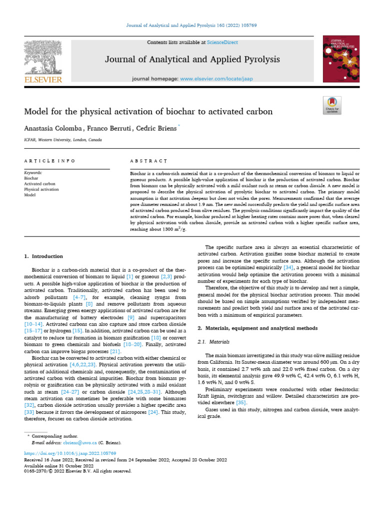 Model for Biochar Activation to Carbon | PDF | Pyrolysis | Gasification