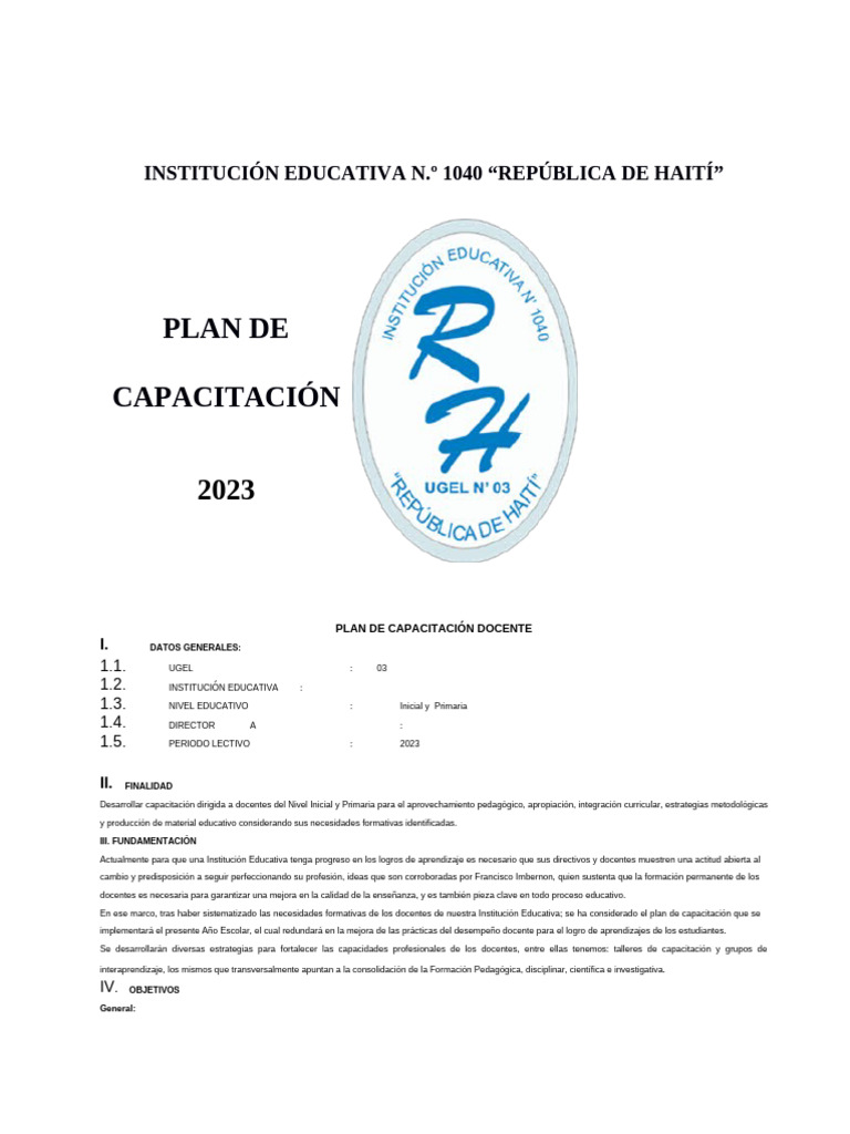 Plan de Capacitación | PDF | Enseñando | Maestros