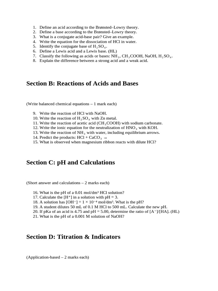Acid-Base Calculations Worksheet | PDF | Acid | Ph