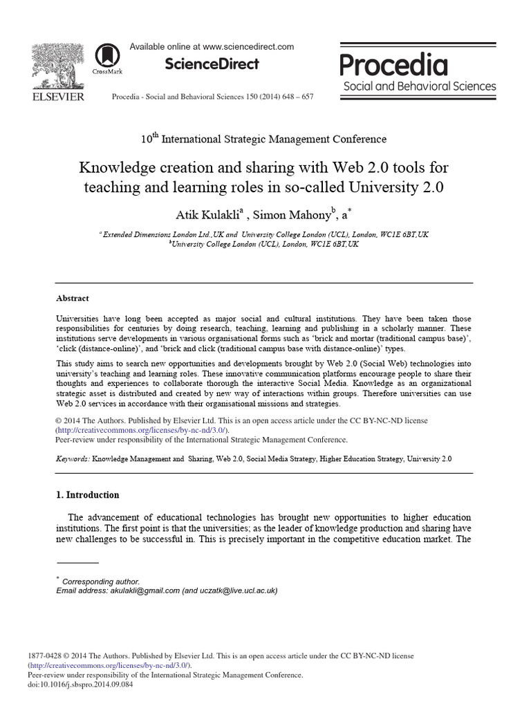 Knowledge Creation and Sharing With Web 2.0 Tools For Teaching and ...