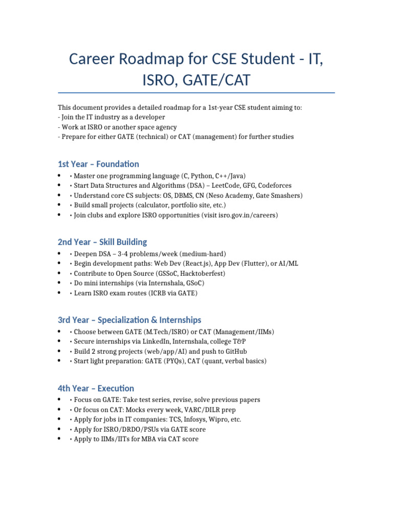 CSE Career Roadmap: IT, ISRO, GATE | PDF